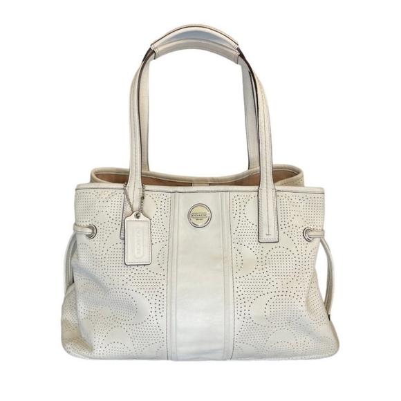 Coach Handbags - COACH Purse Signature Stripe Perforated Leather Shoulder Bag Tote Off White